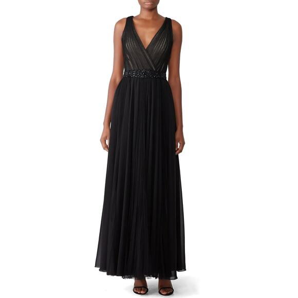 Badgley Mischka Black Pleated Embellished Waist Gown 4 - Picture 1 of 15